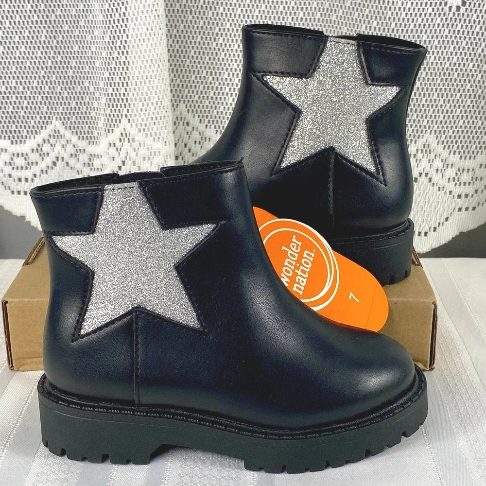 NWT Size 7 Wonder Nation Toddler Girls Black Glitter Star Chelsea Boots Side Zip